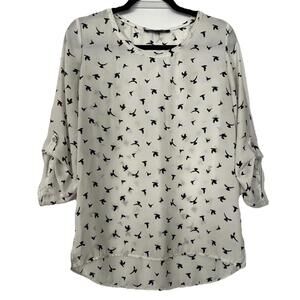 Sweet Rain White Blouse with Black Bird Print – Size M